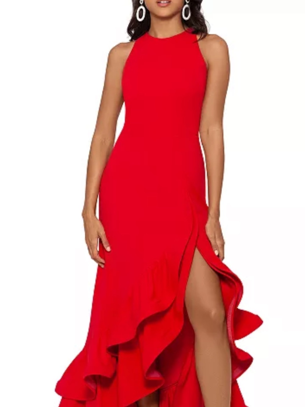 Betsy & Adam Red High-Neck High-Low Ruffle Gown
